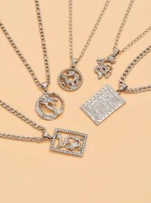 S0149 5pcs/set Chinese Dragon Charm Necklace, Stainless Steel Jewelry - Silver - View 2