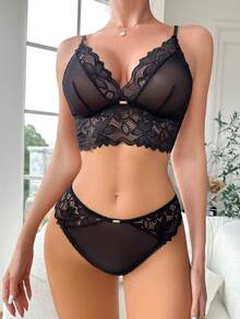 Set de lencería con encaje en contraste de malla - Negro - Ver 4