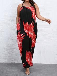 SHEIN Holidaya 大碼熱帶圖案隱藏口袋吊帶連體褲 - 黑色 - 查看 3