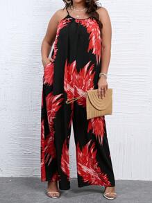 SHEIN Holidaya 大碼熱帶圖案隱藏口袋吊帶連體褲 - 黑色 - 查看 4