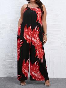 SHEIN Holidaya 大碼熱帶圖案隱藏口袋吊帶連體褲 - 黑色 - 查看 5