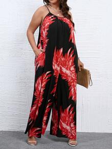 SHEIN Holidaya 大碼熱帶圖案隱藏口袋吊帶連體褲 - 黑色 - 查看 1