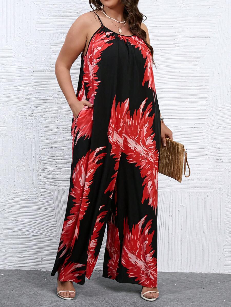 SHEIN Holidaya 大碼熱帶圖案隱藏口袋吊帶連體褲 - 黑色 - 查看 1