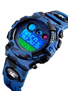 Skmei 1入組男孩迷彩TPU錶帶運動日曆防水鬧鐘日期LED顯示字母圖形圓形錶盤數字手錶適合日常裝飾