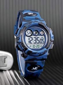 Skmei 1入組男孩迷彩TPU錶帶運動日曆防水鬧鐘日期LED顯示字母圖形圓形錶盤數字手錶適合日常裝飾