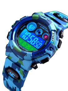 Skmei 1入組男孩迷彩TPU錶帶運動日曆防水鬧鐘日期LED顯示字母圖形圓形錶盤數字手錶適合日常裝飾