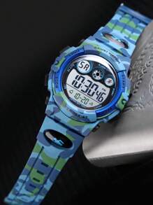 Skmei 1入組男孩迷彩TPU錶帶運動日曆防水鬧鐘日期LED顯示字母圖形圓形錶盤數字手錶適合日常裝飾