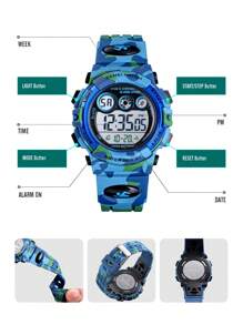 Skmei 1入組男孩迷彩TPU錶帶運動日曆防水鬧鐘日期LED顯示字母圖形圓形錶盤數字手錶適合日常裝飾