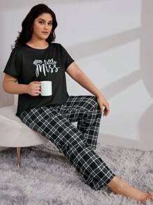 Plus Crown & Plaid Print PJ Set - Black and White - View 1