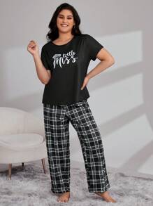 Plus Crown & Plaid Print PJ Set - Black and White - View 3