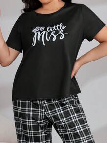 Plus Crown & Plaid Print PJ Set - Black and White - View 4