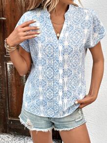 SHEIN VCAY Allover Print Batwing Sleeve Popover Blouse - Blue and White - View 4