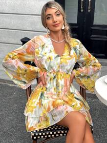 GENKIRA 印花荷葉袖多層下擺連衣裙 - 彩色 - 查看 4