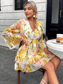 GENKIRA 印花荷葉袖多層下擺連衣裙 - 彩色 - 查看 5