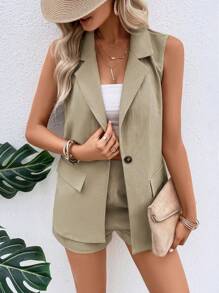 SHEIN Clasi 西裝領單釦馬甲西裝外套和短褲 - 卡其色 - 查看 4