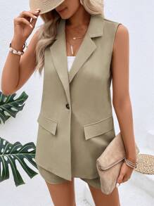 SHEIN Clasi 西裝領單釦馬甲西裝外套和短褲 - 卡其色 - 查看 5