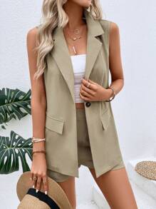 SHEIN Clasi 西裝領單釦馬甲西裝外套和短褲 - 卡其色 - 查看 3