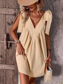 SHEIN Holidaya Đầm buộc vai trơn màu trang phục đi biển cho phụ nữ - Màu be - Xem 1