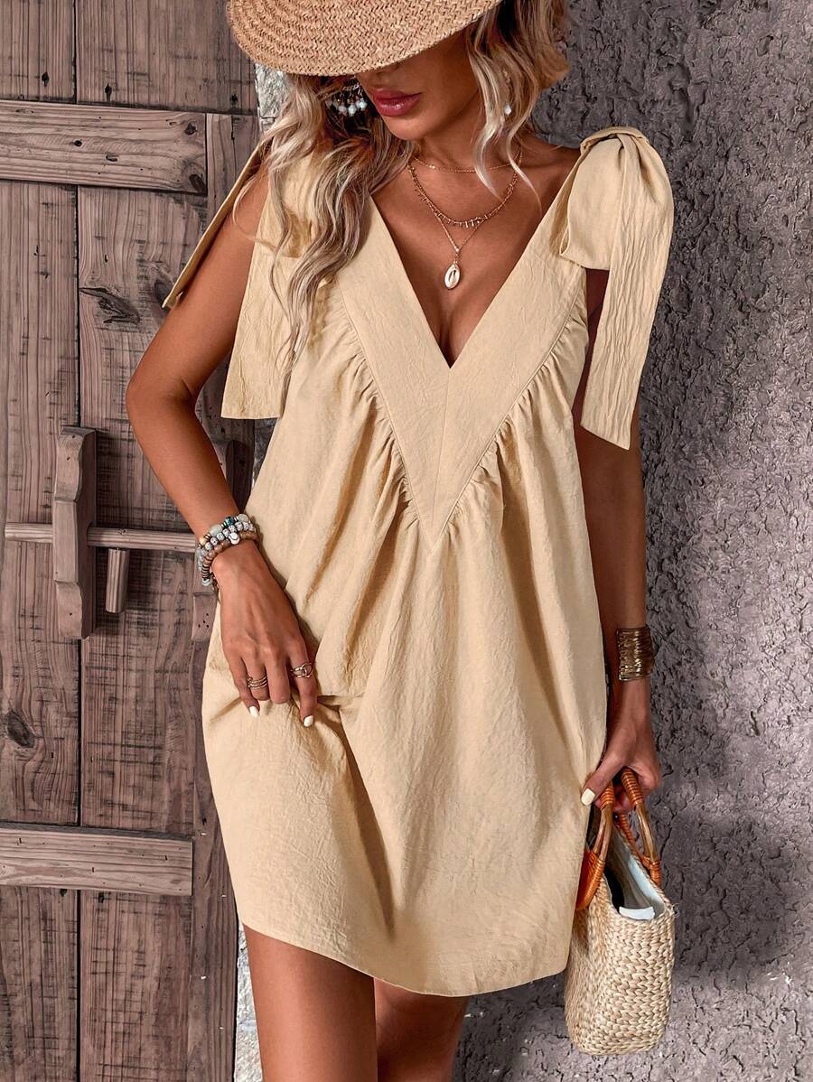 SHEIN Holidaya Đầm buộc vai trơn màu trang phục đi biển cho phụ nữ - Màu be - Xem 1