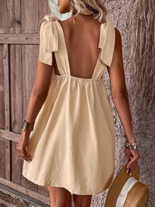 SHEIN Holidaya Đầm buộc vai trơn màu trang phục đi biển cho phụ nữ - Màu be - Xem 2