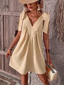 SHEIN Holidaya Đầm buộc vai trơn màu trang phục đi biển cho phụ nữ - Màu be - Xem 4