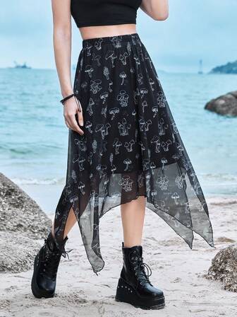 Mushroom Print Asymmetrical Hem Skirt