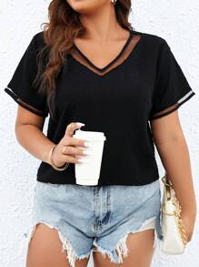 SHEIN Clasi Plus Mesh Insert Blouse - Black - View 3