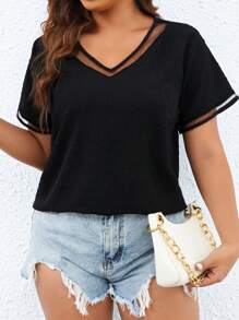 SHEIN Clasi Plus Mesh Insert Blouse - Black - View 4
