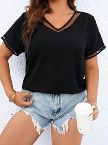 SHEIN Clasi Plus Mesh Insert Blouse - Black - View 5