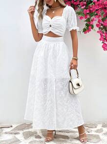 SHEIN Privé 網眼刺繡前扭結鏤空泡泡袖褶邊緊身洋裝 - 白色 - 查看 1