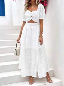 SHEIN Privé 網眼刺繡前扭結鏤空泡泡袖褶邊緊身洋裝 - 白色 - 查看 5