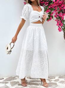 SHEIN Privé 網眼刺繡前扭結鏤空泡泡袖褶邊緊身洋裝 - 白色 - 查看 6