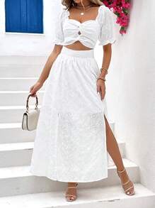 SHEIN Privé 網眼刺繡前扭結鏤空泡泡袖褶邊緊身洋裝 - 白色 - 查看 7