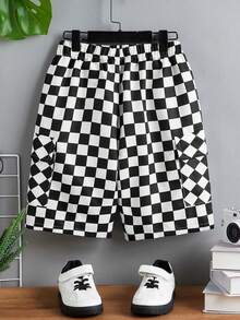 SHEIN Tween Boy Checker Print Flap Pocket Shorts - Black and White - View 2