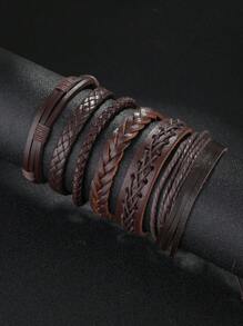 6 件/套时尚多层皮革编织手链组合，简约设计男士腕带，适合日常佩戴和送礼 - 棕色 - 查看 1