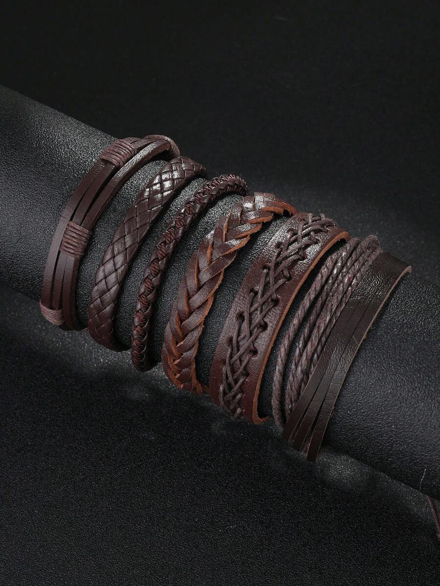 6 件/套时尚多层皮革编织手链组合，简约设计男士腕带，适合日常佩戴和送礼 - 棕色 - 查看 1