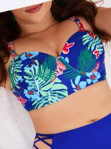 Swim Lushoire 大碼熱帶圖案提臀比基尼泳裝上衣 - 藍色 - 查看 1