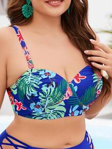 Swim Lushoire 大碼熱帶圖案提臀比基尼泳裝上衣 - 藍色 - 查看 5