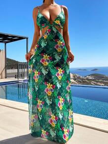 Bộ bikini liên kết vòng in nhiệt đới đi biển mùa hè - Nhiều màu - Xem 1