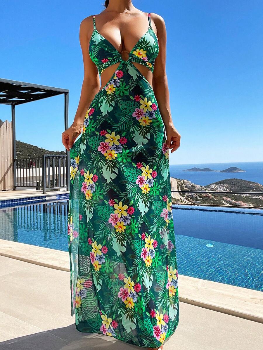 Bộ bikini liên kết vòng in nhiệt đới đi biển mùa hè - Nhiều màu - Xem 1