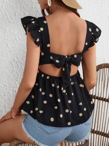 Soleia Floral Print Tie Backless Ruffle Trim Peplum Blouse - Black - View 1