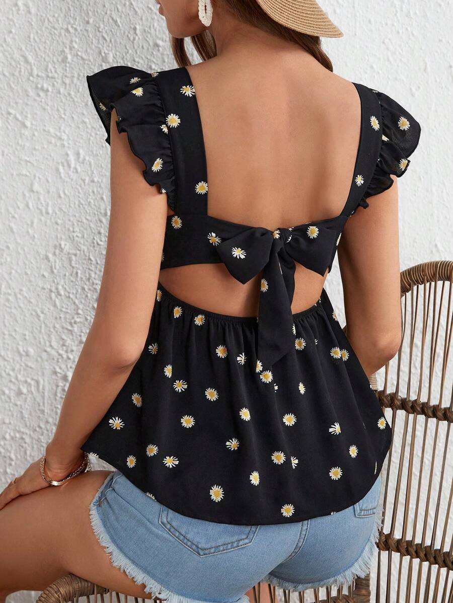 Soleia Floral Print Tie Backless Ruffle Trim Peplum Blouse - Black - View 1