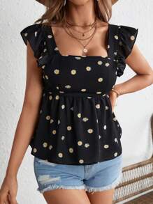 Soleia Floral Print Tie Backless Ruffle Trim Peplum Blouse - Black - View 2