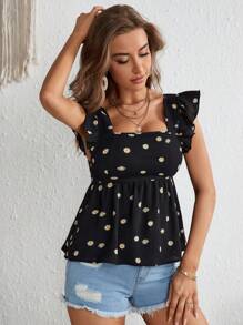 Soleia Floral Print Tie Backless Ruffle Trim Peplum Blouse - Black - View 3