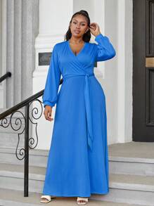 Đầm Plus Size Thắt lưng Trọn gói màu trơn Thanh lịch - Màu xanh lam - Xem 1
