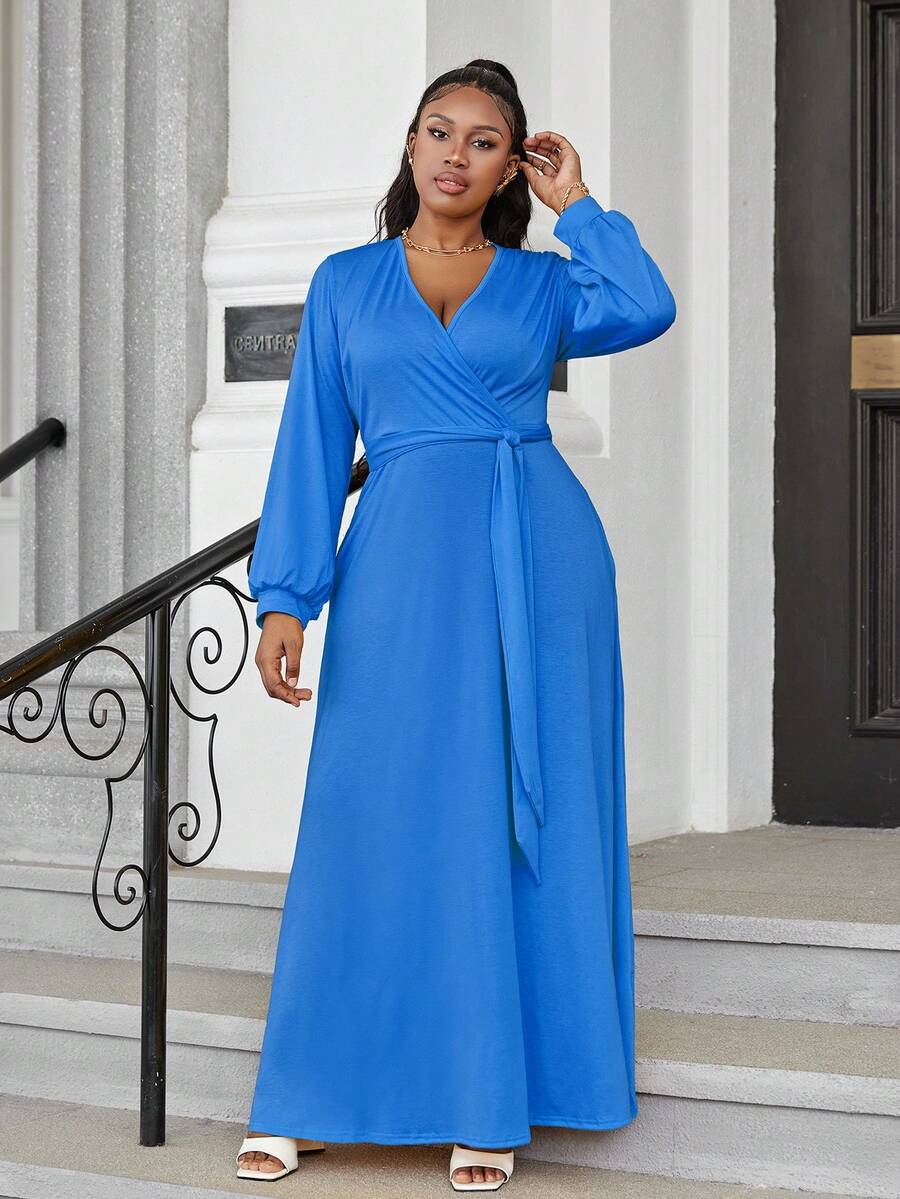 Đầm Plus Size Thắt lưng Trọn gói màu trơn Thanh lịch - Màu xanh lam - Xem 1