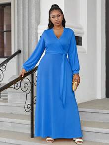 Đầm Plus Size Thắt lưng Trọn gói màu trơn Thanh lịch - Màu xanh lam - Xem 5