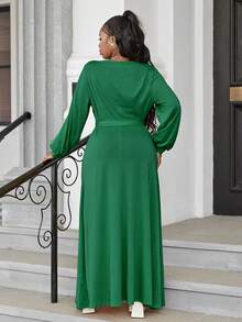 大碼交疊領燈籠袖繫腰帶連衣裙 - 綠色 - 查看 2