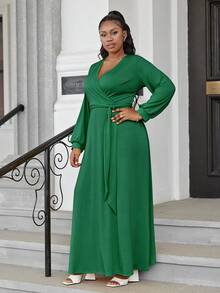 大碼交疊領燈籠袖繫腰帶連衣裙 - 綠色 - 查看 4