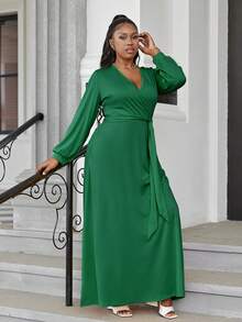 大碼交疊領燈籠袖繫腰帶連衣裙 - 綠色 - 查看 5